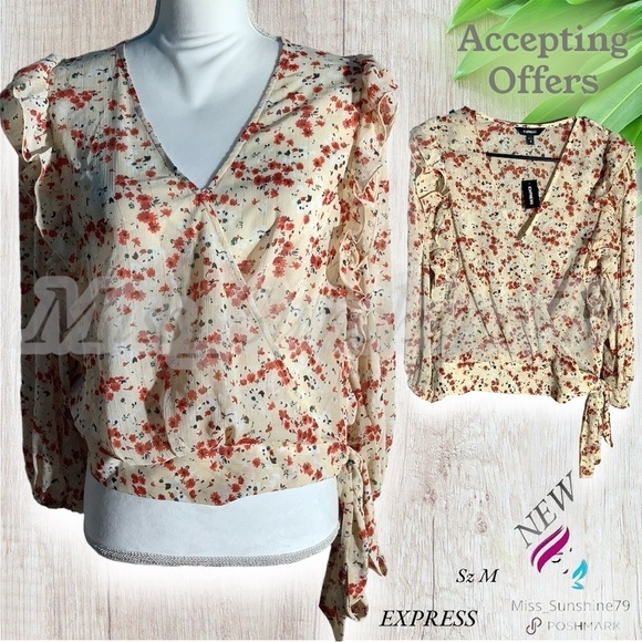 Express NEW -Sz M - cropped ruffled mock wrap shirt - balloon sleeves - see thru - Picture 1 of 9